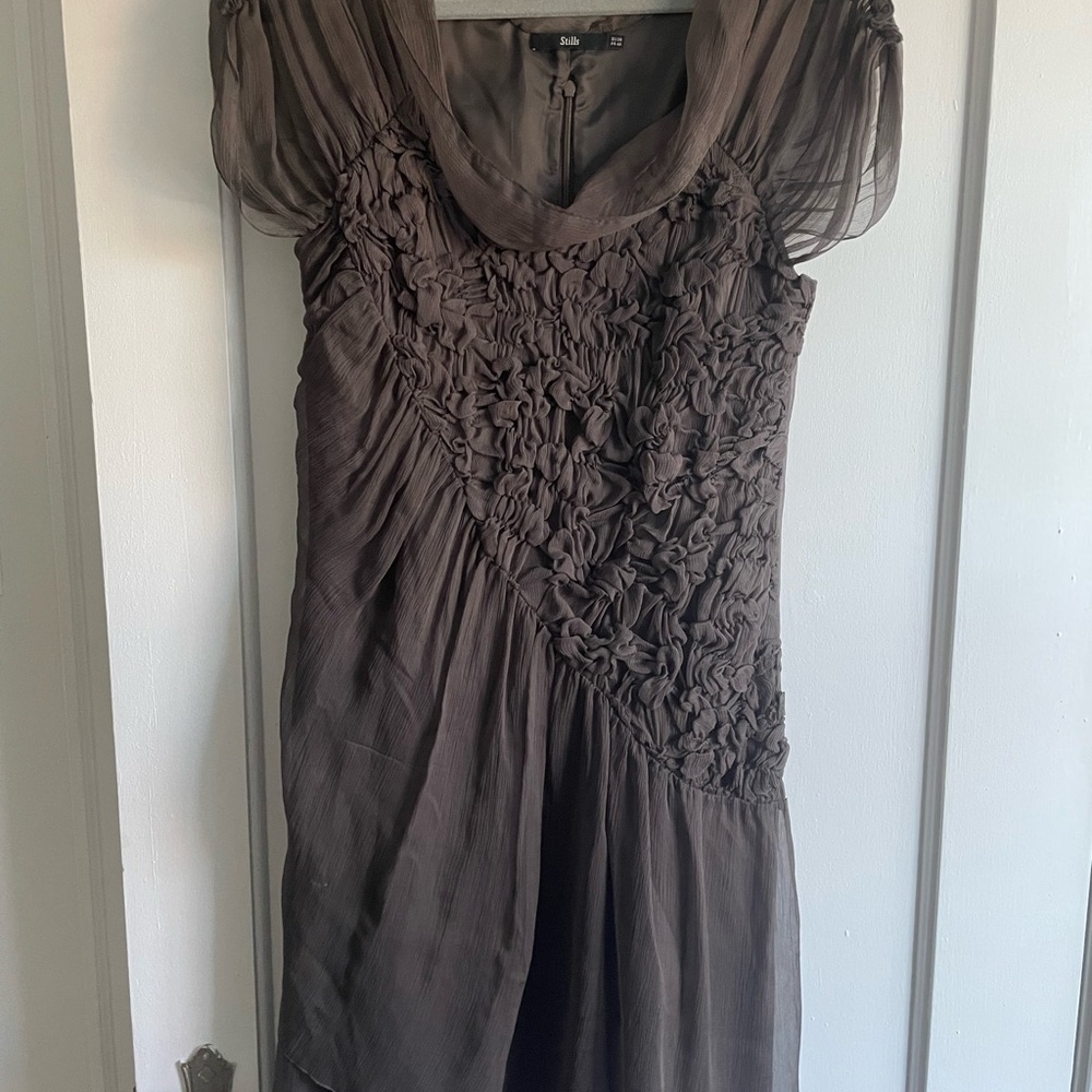 Brown Ruched Mini Dress with Cowl Neck and Flutter Cap Sleeves